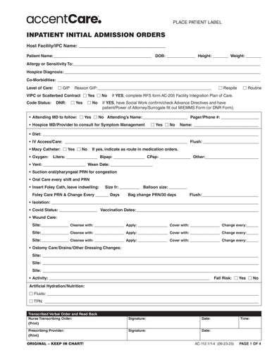 AC-112.1/1-4 Inpatient Initial Assessment  Pgs 1-4 Pg 1 0f 4