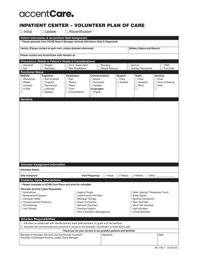 AC-110.1 Inpatient Unit Volunteer Plan of Care