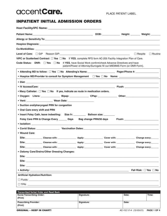 AC-112.1/1-4  Inpatient Initial Admission Orders - Pg 1 of 4