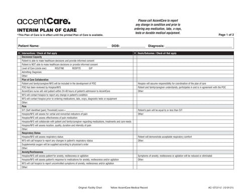 AC-127.2 /1 Interim Plan of Care - Pg 1 of 2