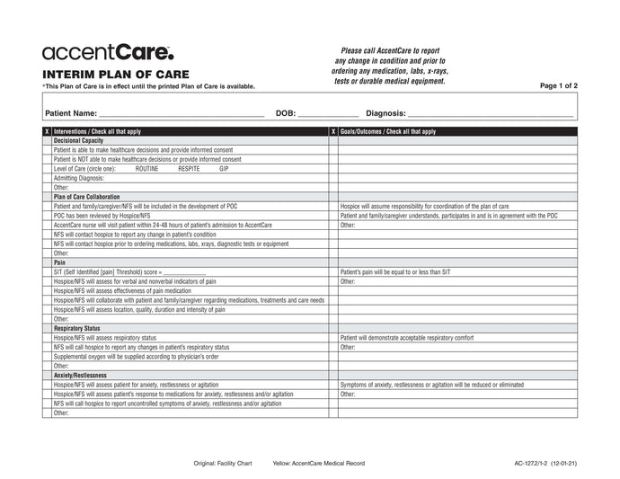 AC-127.2 /1 Interim Plan of Care - Pg 1 of 2