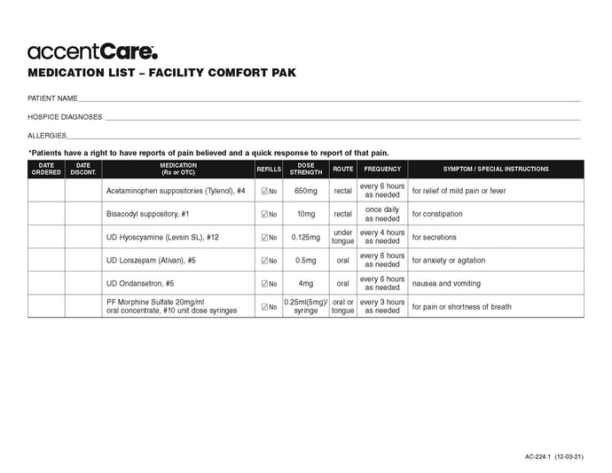 AC-224.1 Medication List Facility Comfort Pak