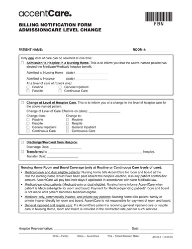 AC-52.3 Nursing Home Billing Notification Form Admission/Care Level Change