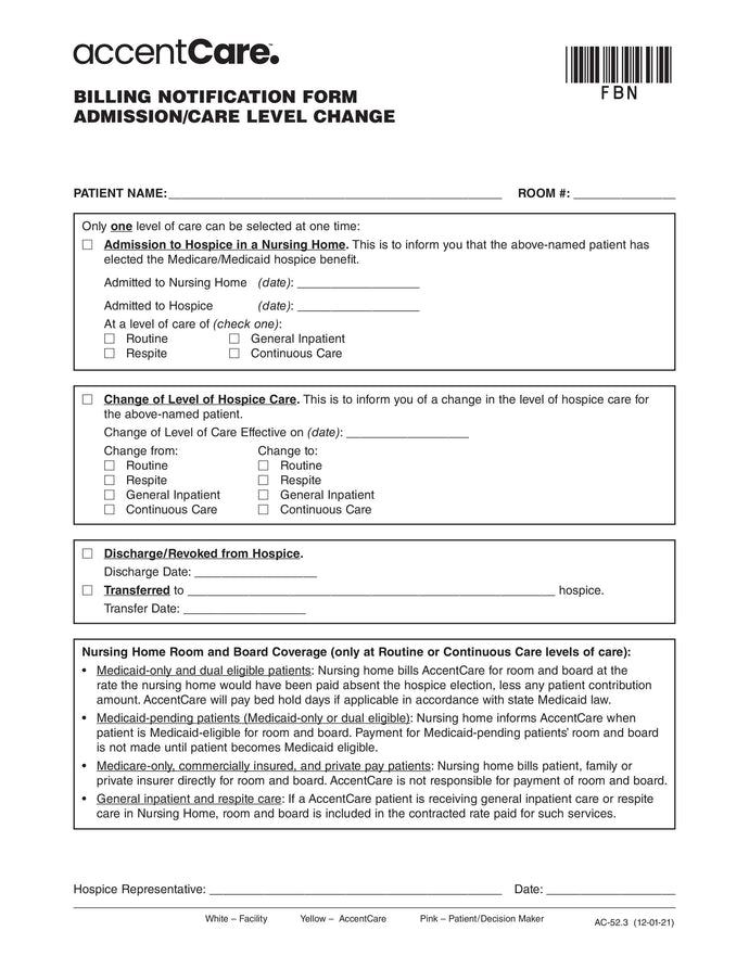 AC-52.3 Nursing Home Billing Notification Form Admission/Care Level Change